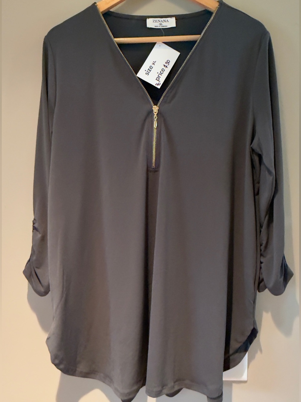 Zenana Outfitters Charcoal Gray Zip-Front Tunic with Gold Hardware XL NWT
